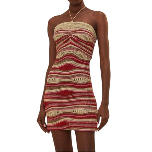 Farm Rio Mixed Waves Sleeveless Knit Mini Dress Strapless Halter Large New
